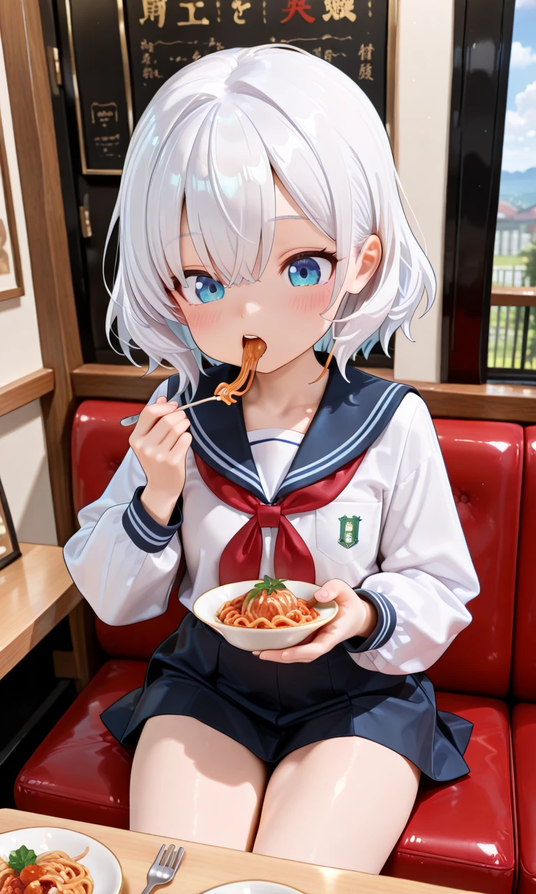 An anime girl, blue eyes, short hair, eating, full-body-length-illustration --ar 9:16 --s 50 --niji 5 