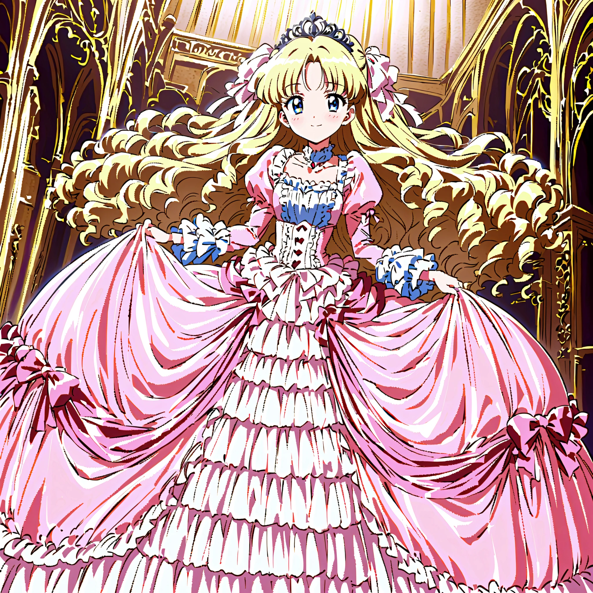 1990’s style anime,A Cute Princess, she is smiling,((pink Silk Satin Victorian big Ball Gown Dress.:1.0)),baby face,short tall,long sleeves,The dress is decorated with lots of frills and ribbons., blond wave Long hair that reaches down to the waist,They are wearing princess tiara on the head,in the luxurious European rococo style palace,