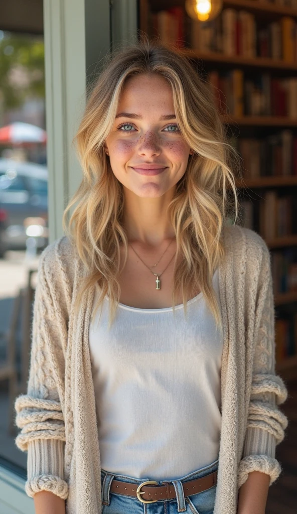 full length girl, capelli sciolti, messy blondes, smiling