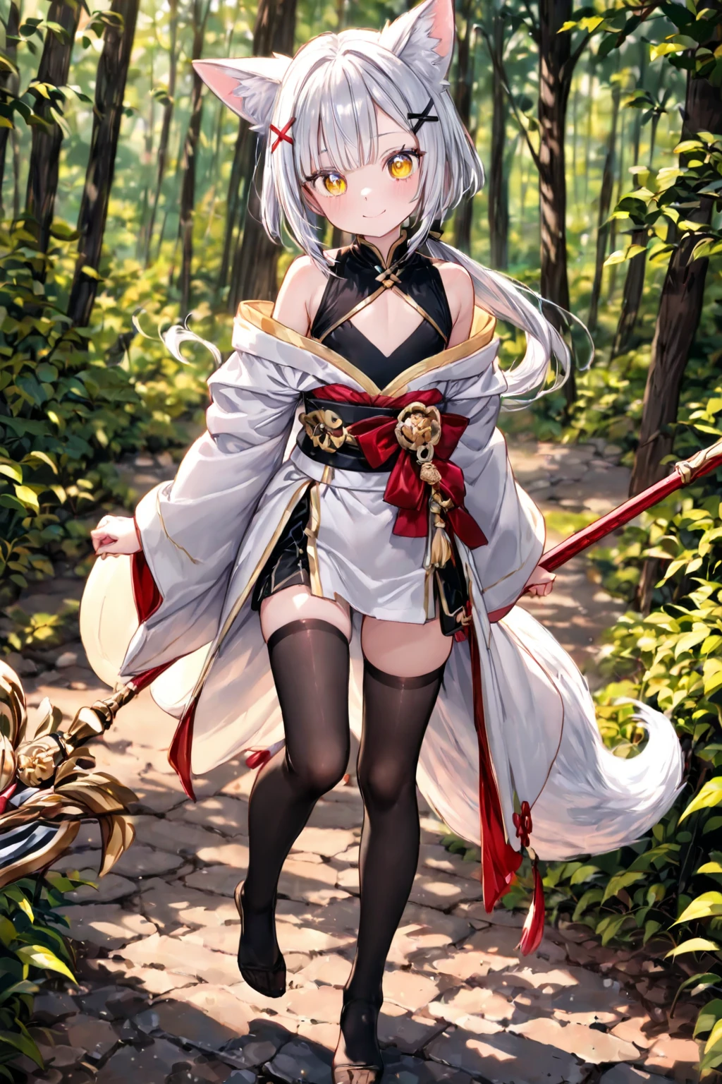 masterpiece, best quality, 1girl, <lora:spgbfVajraXL-05:1> vajradef, dog tail, black pantyhose, hair ornament, japanese clothes, bare shoulders, detached sleeves, wide sleeves, white pelvic curtain, from behind, backlighting, leaf, on floor, outdoors, stone floor, tree, :o, holding, holding flower, solo