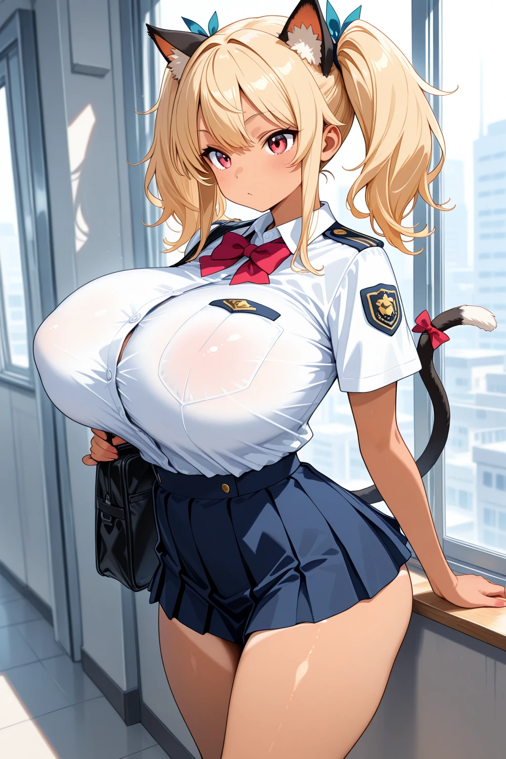 One Girl, High quality, Ultra detailed, best quality, insanely detailed, beautiful, masterpiece, cute, smile,((Short pleated skirt, White blouse, Schools in South Korea:1.3)), sexy, A girl showing off her attractive breasts, ((Platinum Blonde Hair, bob Hair)),Pink Orb, fine grain, Beautiful Eyes, Delicate eyes, ((Hourglass Shaped Body, sexy body)), Correct Anatomy, Correct limbs, ((Huge breasts:1.6)), Juicy lips, Pouting, [Detailed Background (Schools in South Korea, South Korea Colleges and Universities, Seoul, South Korea)]BREAK((Black pantyhose)),((Side Shot)),((View from between the legs)),((tan skin:1.6))