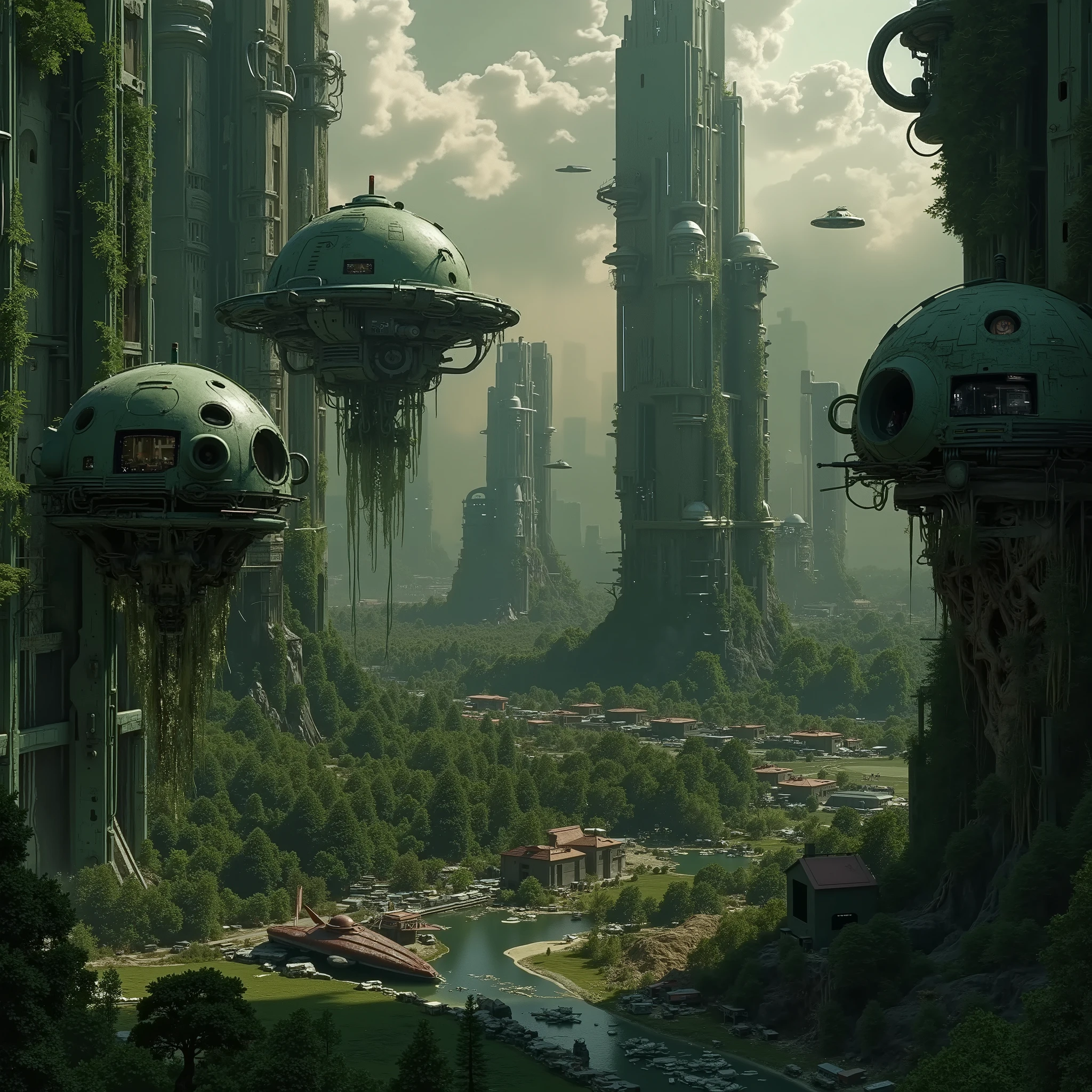 A futuristic, yet abandoned, post-apocalyptic metropolis, with vegetation taking over part of the city.
Some abandoned robots, some vehicles, abandoned spaceships
