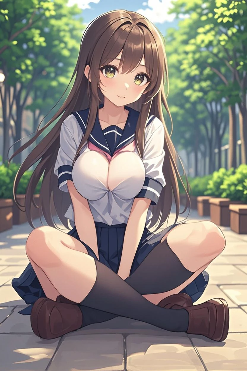 best quality,1girl,((big breasts:1.5)),curvy,orgasm,ahegao,blush,arms behind back, Blue eyes, bow, white , brown hair, red bows, collarbone, hair intakes, hair ornament, letterboxed, long hair, looking at viewer, pleated skirt,((school uniform)), serafuku, skirt, smile, 独奏, big bows,mini skirt,((lift skirt,upskirt,black panties,lace panties)),black thighhighs,pussy juice,full body,forest,forest林,walking