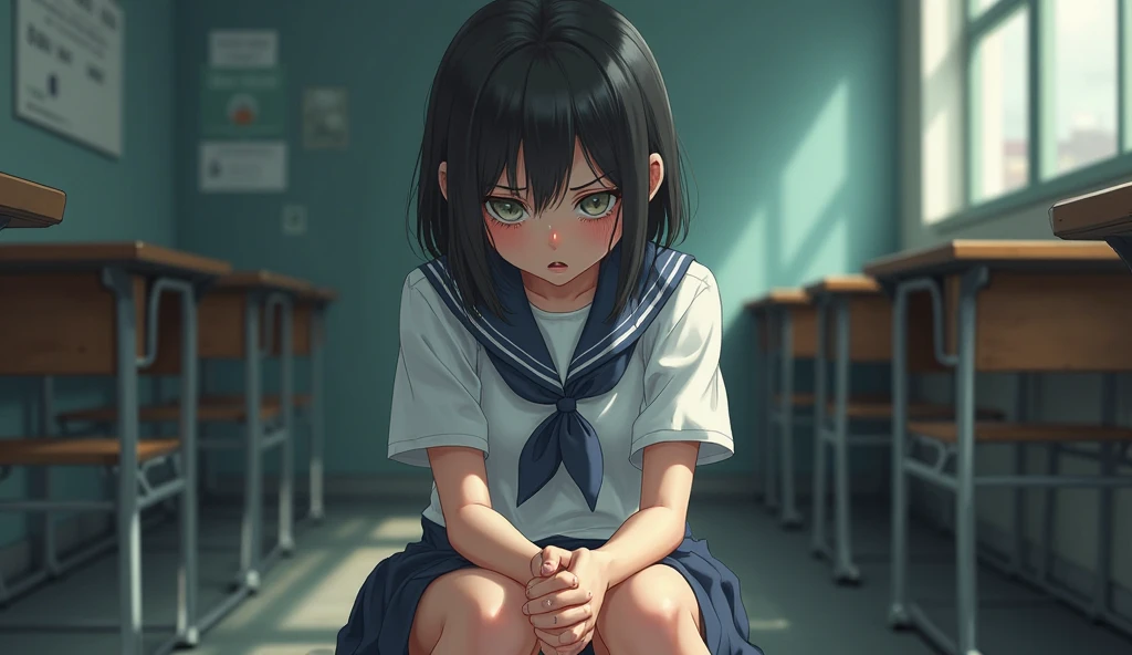 Crying child girl sitting on floor with tears, gentle warmth, watercolor style by Reiko Yamada