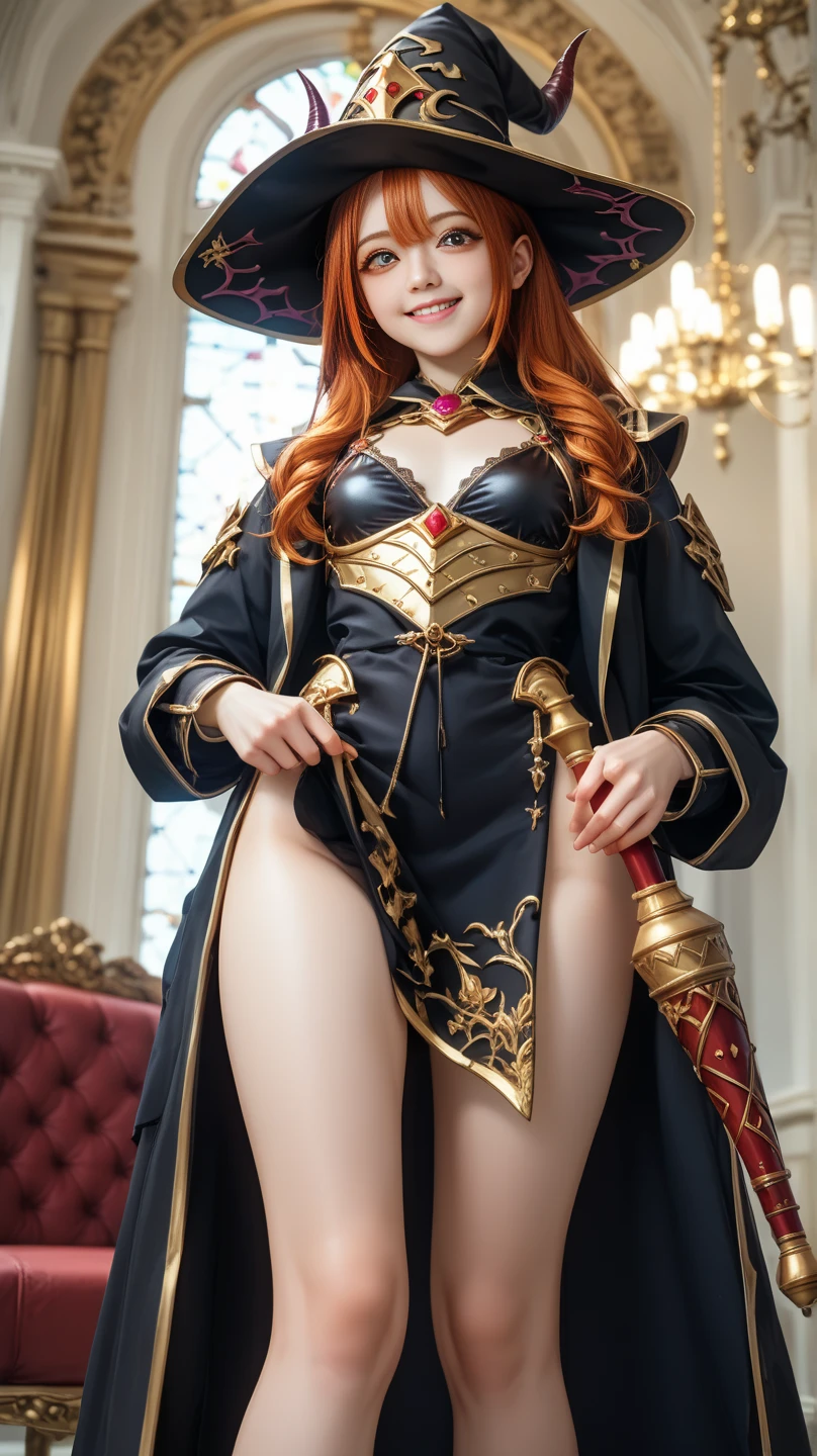 Single close-up,There can only be one person in a scene,1 mature female,The temperament of a queen,tmasterpiece,best qualityer,Hyper-detailing,illustratio,Fine and detailed eyes and detailed face, garments:Hostess costume,Red pantyhose,Black high heel,Reveal high heels, allure:(Tall:1.4),Tall,Mature temperament,Blood red hair color eye shadow,Majesty,Mature temperament,Wide hips(big assa:1.4),(Thick thighs:1.4),Majesty,Background inside the Royal Palace,are standing