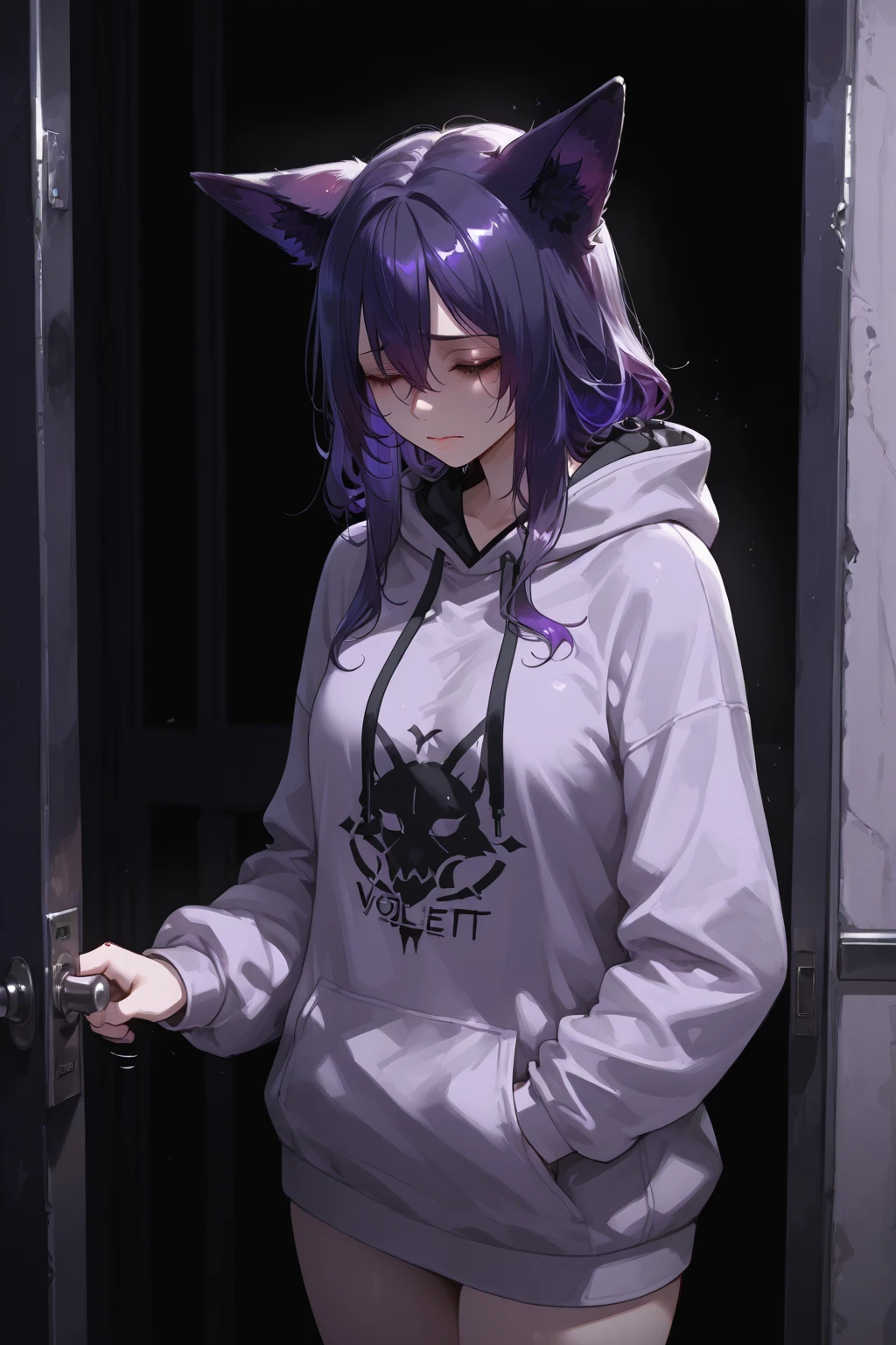 boy. thoughtful look. open forehead. black and purple hair tied in a bun on the left side to one side. sinuous black horns wrapped in dark purple ribbon. pale violet eyes. in short dark purple shorts. long white T-shirt. dark purple knee-high socks. dark_purple long coat with hood. древние dark_purple stone walls purple light from a candle on an old white piano