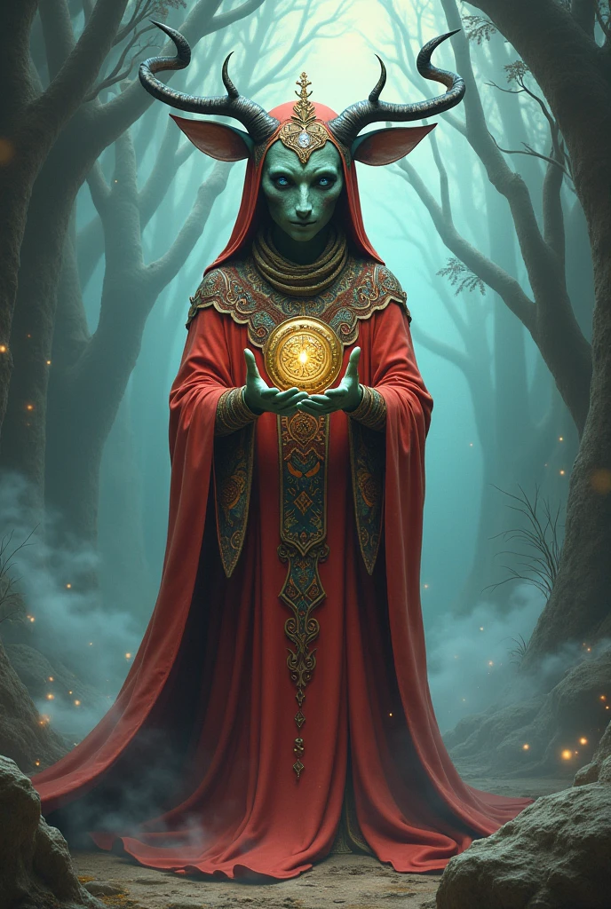 A surreal forest guardian, holding a glowing orb