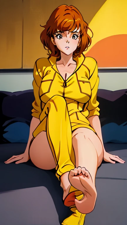 (masterpiece, best quality:1.2),((photoreal:1.1)),perfect anatomy,solo, ((alone:1.4)),((Rui Kisugi)),((1 middle age woman)),((1 MILF)),perfect eyes, ((looking at viewer:1.4)),((horizontal angle:1.3)),((straight-on:1.3)),(view from front),shoot from front,lighting from front,((small breasts:1.3)),((Piutuary small breasts:1.3)),((muscular),((do not hide your crotch)),(cod lips),((squatting:1.3)),((spreading your legs wide:1.3)),(hands on hip bone:1.4),(holding your head high),((bare legs:1.3)),delicate and beautiful,wavy hair,long hair,((bare legs:1.4)),((yellow gymnastics leotards:1.3)),((high-leg cut leotards)),((round open neck leotards:1.3)),(long sleeve leotards),(spandex leotards),((bare legs)),high heel