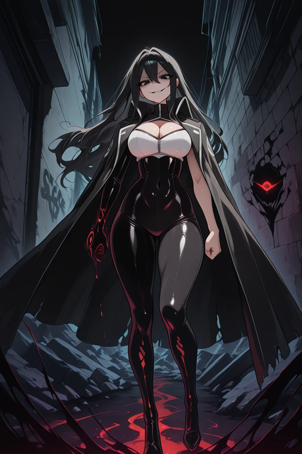 A stunningly beautiful vampire woman in her early thirties, exuding an air of confidence and allure. She has long, flowing raven hair that cascades down her back, framing her delicate features. Her pale, porcelain skin seems to glow in the dim light, accentuating her high cheekbones and sharp cheekbones. Her eyes are a striking shade of crimson, reflecting her supernatural nature. She is dressed in a stylish 90's-inspired outfit, consisting of a form-fitting black corset that highlights her hourglass figure, accentuated by a pair of black lace panties and thigh-high stockings. A pair of pointy black leather boots reach up to her knees, completing her sultry and edgy look. Around her slender neck, she wears a gold chain with a cross pendant, a nod to her vampiric origins but also a statement of her individuality. She stands confidently with her hands on her hips, her body language exuding an air of dominance and control. The background of the image is dark, foggy alleyway, adding to the mysterious and alluring atmosphere, vampire goth woman, 90's grainy image.