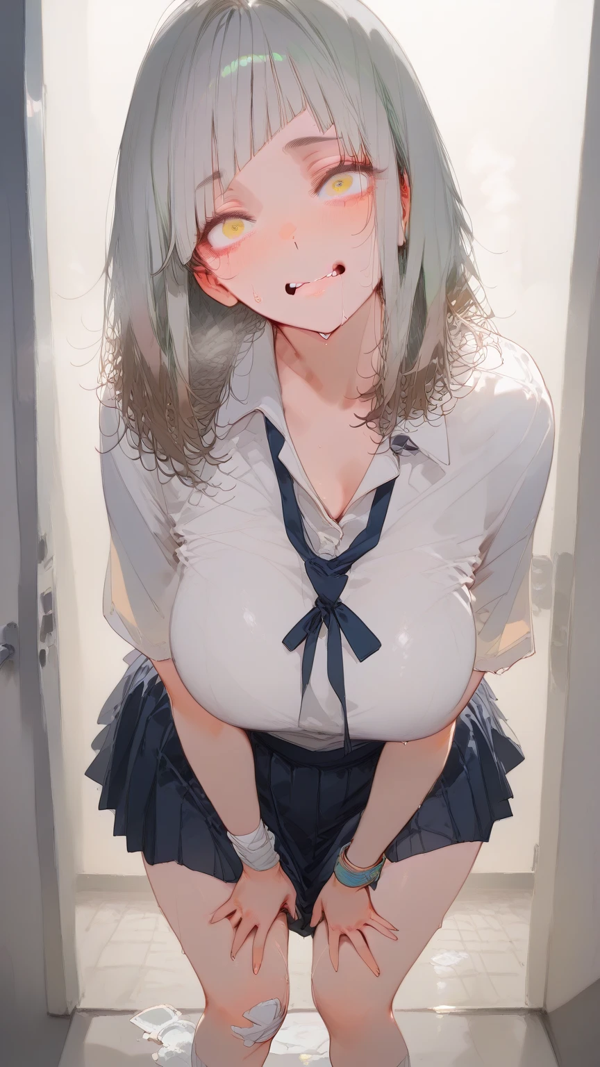((best quality)), ((masterpiece)), (detailed), perfect face, 16yo teen girl, (((topless))), (((white panties))), ((embarrassed:1.5)), ((blushing:1.2)), skinny waist, skinny thighs, braid, classroom, (((arms behind head))), blonde hair
