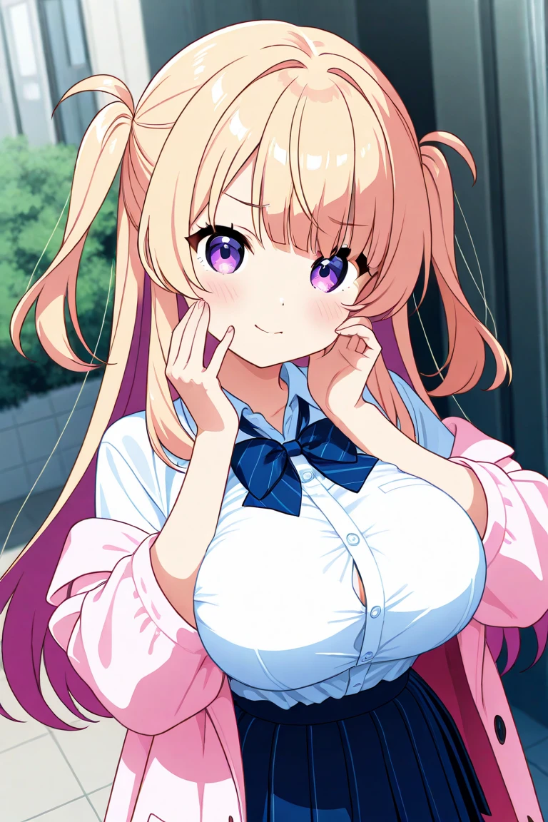 (((One Girl))), ((high school girl)), ((Blonde, Wavy Hair, Tactile bangs)), Big ample breasts, ((Cute face)), (Smiling Kindly: 1.2), (((On the bed, Lie, Peace of mind))), High , Pink Sailor Suit, Pink scarf, Apply blush all over the face, Gazing Eyes, Upper Body Shot, Background blur, Soft lighting,