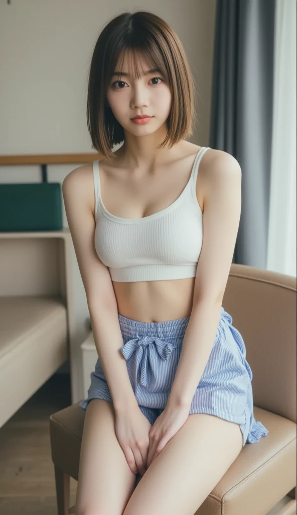 ((Best of the highest quality, 8k, Masterpiece, raw photo: 1.2)), (Sharp focus: 1.2), (1 AESPA, slim body type female, 21 y/o: 1.1), (Solo: 1.1), (realistic, photo-realistic:1.37), face focus, cute face, finely eyes, (droopy eyes: 1.32), (Emphasize prominent aegyo-sal with bright: 1.2), shimmering eyeshadow applied under the lower lash line, paired with thick, (small breasts, flat chest, Thigh: 1.3), (short messy hair, bangs: 1.28), (neat bra, business skirt: 1.32), walking terrace dining, flower, (from below, windy upskirt: 1.12)