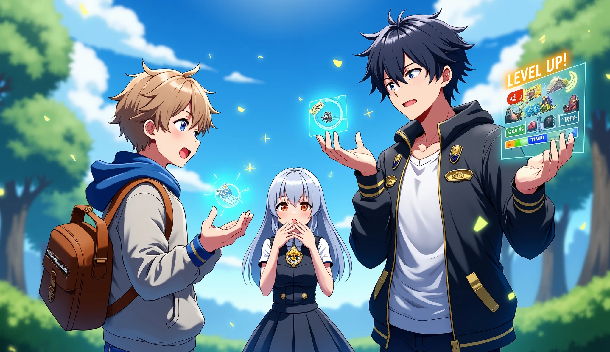 Anime-style illustration with vibrant colors and a high-energy game-like atmosphere. In the foreground, three characters are depicted during a dramatic moment of contrast in power: Left side — a 25-year-old young man with short light brown hair, wearing a light sweatshirt with a blue hood and a brown crossbody bag. His face shows pure shock, with wide-open eyes and mouth slightly open. Next to him floats a glowing blue holographic panel showing only one basic sword icon, along with a small red HP bar nearly empty and low EXP stats blinking underneath. Right side — a confident 25-year-old man with dark spiky hair, dressed in a stylish black jacket with golden accents over a white shirt. He holds out a massive glowing inventory interface, filled with legendary gear: glowing swords, ornate shields, enchanted artifacts, and radiant spell symbols. Above his head, bright gaming elements display: LEVEL UP! in golden flashing letters Full green HP bar, high blue MP bar, and a sparkling EXP bar at max Additional digital overlays show buffs and item stats Center background — standing slightly behind the two, a mysterious anime girl with long silver hair wearing a magical academy uniform with floating spellbooks around her. She’s looking in awe toward the confident man, one hand covering her mouth in surprise as her eyes sparkle. The background is a vivid green landscape with blurred trees and blue sky, creating a strong contrast with the bright, glowing UI elements. Use strong dynamic shadows, glowing interfaces, particle effects, and magical light rays to enhance the feeling of an epic turning point — as if one player just became completely overpowered while others are left behind.