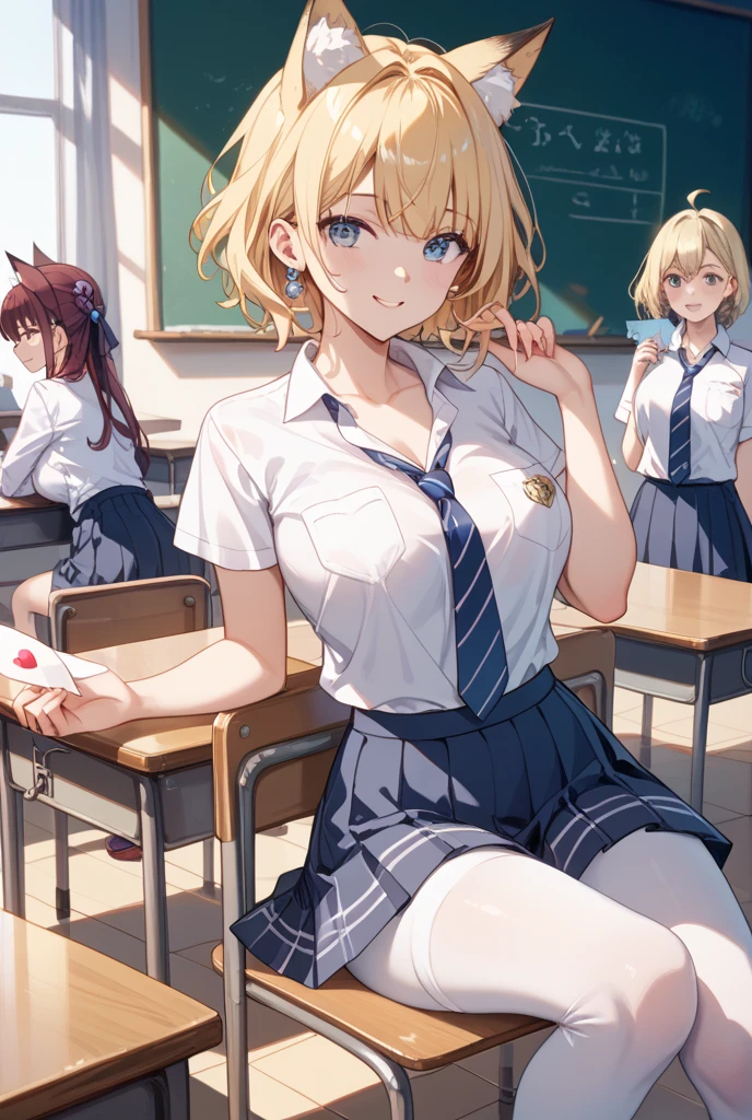 Priestessess, Priestessess, Blonde, blue eyes, Long Hair, Hair between the eyes, (Small breasts:1.2), smile,white yシャツ, Short sleeve, Pleated skirt, socks, Collared shirt, mini skirt, White knee socks, (Black Skirt:1.5), Sweater vest, (yellow Sweater vest:1.5),Brown Loafers,Daytime,sunny,sitting on a chair with legs crossed,There is a textbook on the desk,whole bodyがイラストに入るように,
break indoors, classroom,
break looking at viewer, whole body,
break (masterpiece:1.2), highest quality, High resolution, unity 8k wallpaper, (figure:0.8), (Beautiful fine details:1.6), Highly detailed face, Perfect lighting, Highly detailed CG, (Perfect hands, Perfect Anatomy),