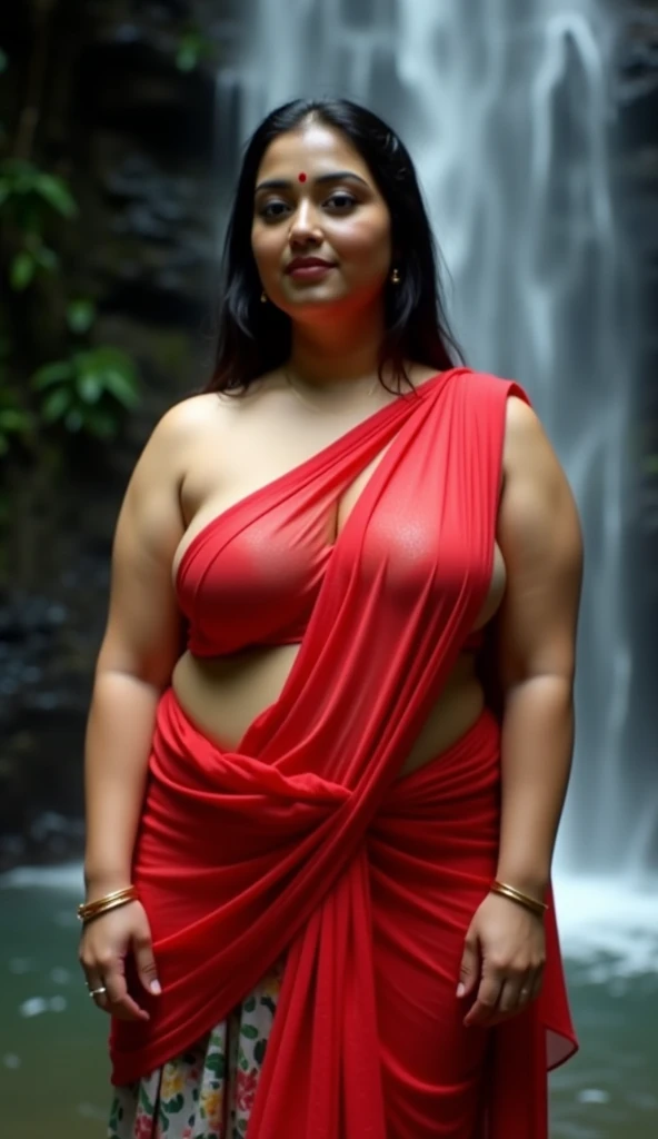 Indian cute girl 30 years old marriage life like, high - resolution women with a perfect figure Super fine face and eyes, slong hair, small Tank top red Colour bikini, Wearing a traditional saree, bulky figure, huge big extra large and full chubby body, looking front, fair complexion, pond backgrounds. Hung breast, Plus size model, 4k, 8k,