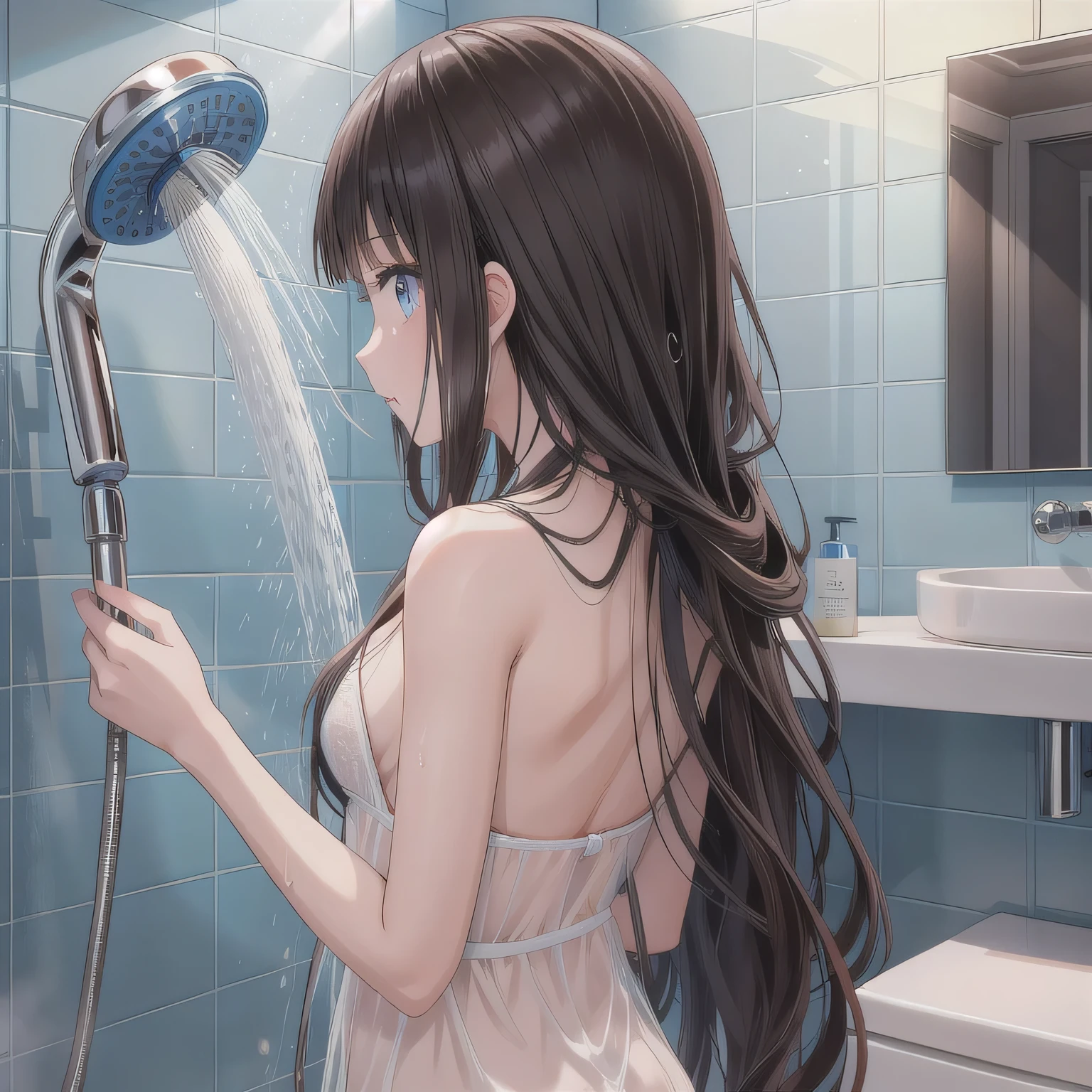 She is taking a shower in the shower room. She is facing away from me. She has small breasts. dark hair, long hair, blue eyes.