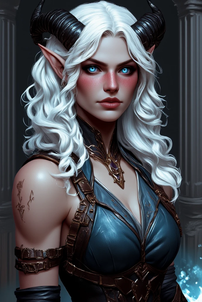 A highly detailed Pathfinder portrait of a female tiefling warrior magus. She wields both magic and a sword, exuding an aura of power and mystique. Her white hair flows beneath a hood, framing her dark and mysterious face. Two prominent horns curve from her forehead, adding to her enigmatic presence. She is cloaked in a hooded garment that combines elements of armor and arcane robes, symbolizing her dual mastery of swordsmanship and magic. The background is shadowy, with hints of an arcane landscape, enhancing the overall dark and powerful atmosphere of the scene.