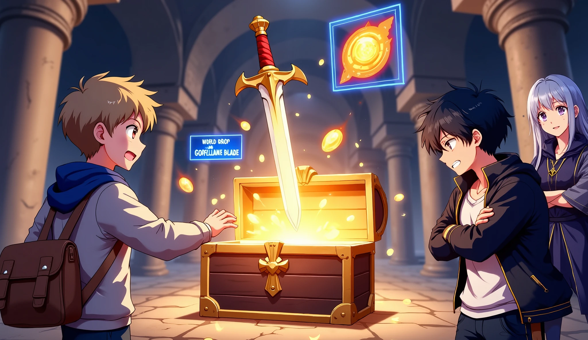Anime-style illustration with vibrant colors and a dynamic game atmosphere.
In the foreground, they depict three characters reacting to a powerful dungeon loot reveal:
Center — a large opened treasure emits intense golden light and glowing magical particles. Floating above the is a legendary sword with red and gold accents, radiating energy. A blue rectangular interface hovers nearby, displaying the item name:
WORLD DROP: GODFLAME BLADE
Left — a 25-year-old young man with short light brown hair, wearing a light sweatshirt with a blue hood and a brown shoulder bag. His expression is stunned — wide eyes, mouth slightly open — as he instinctively reaches toward the sword, caught in the moment.
Right — a 25-year-old dark-haired man in a black jacket with gold elements over a white shirt, standing with crossed arms and a half-smile, looking calm and confident. A glowing inventory panel floats behind him, already filled with multiple rare items — swords, shields, and glowing artifacts.
Behind them — a female mage with long silver hair in a dark blue cloak looks shocked, her eyes sparkling as she watches the sword. Her hand covers her mouth in disbelief.
The background shows a ruined dungeon hall with broken pillars and faint glowing sigils on the ground. Faint magical dust floats in the air, with the ambient light of the loot overpowering the shadows.
Use clear contrasting shadows, bright lighting, and glowing effects around the treasure and interfaces to create a feeling of impact and discovery.