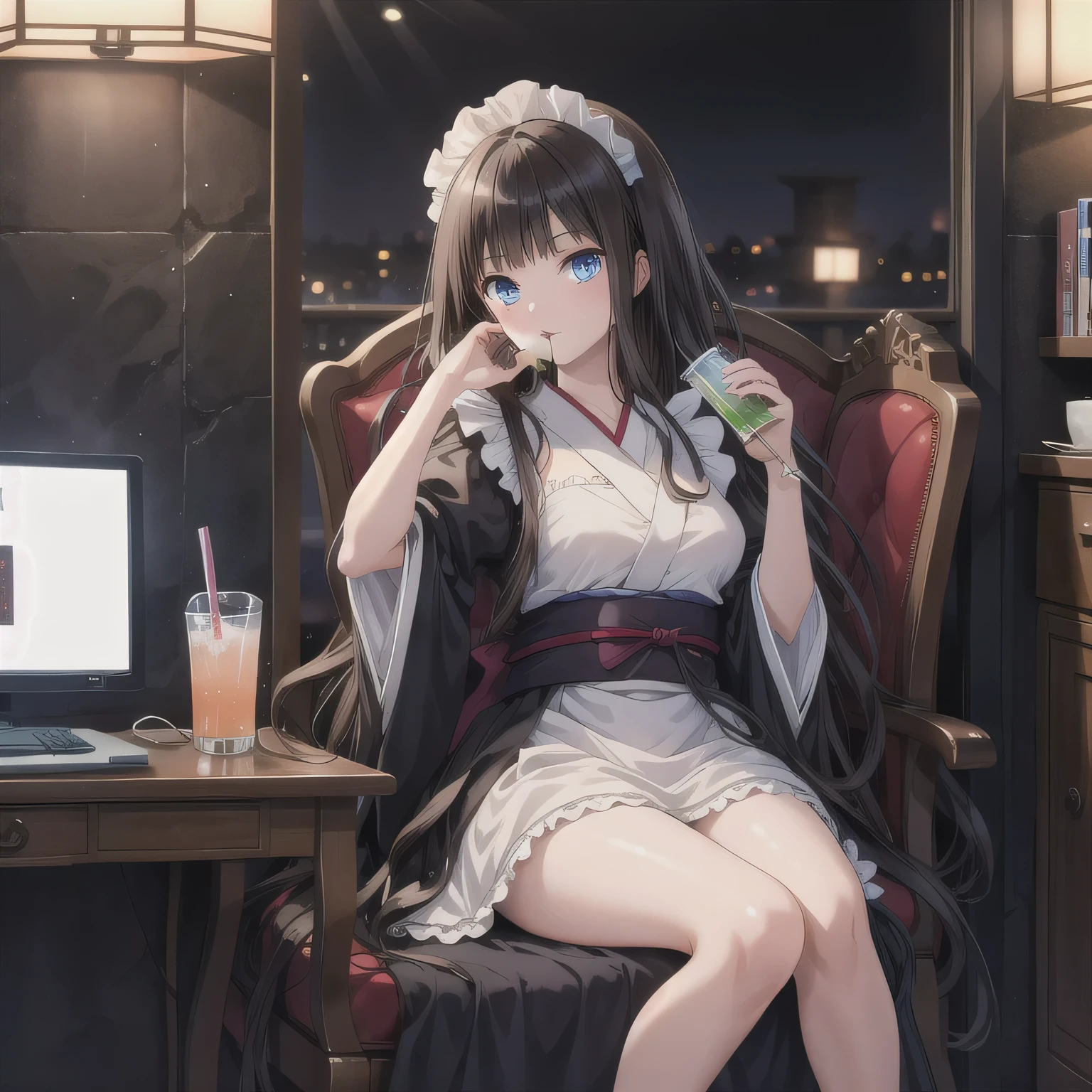 A beautiful girl wearing a neat dark blue and white maid outfit. She is sitting on a fully reclined seat in a typical Japanese manga café semi-private booth. Around her are a computer monitor, a stack of manga books, and a drink cup nearby. She holds both hands near her mouth in a suggestive and delicate pose, as if she's imagining holding something large and important, with a blissful, dreamy expression and slightly parted lips. The object she's pretending to eat is not visible. The atmosphere is warm, soft-lit, cozy, and slightly playful. dark hair, long hair, blue eyes.