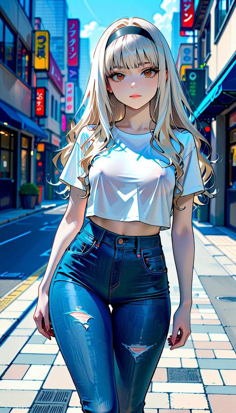 masterpiece, best quality, refined facial features, dynamic pose, nsfw, 1girl, platinum blonde hair, long hair, green eyes, small lively breasts, on the street, night, neon signs, white t-shirt, braless, shorts, poker face, front view, standing, in the crowd,