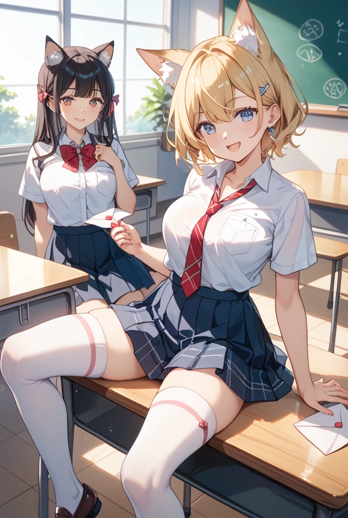 Dynamic posing, dynamic angle, Arrange pose,Top quality work，Show Legs，((short wavy Creamy Golden Blonde hair)),(Creamy Blonde hair),(short hair),(wavy hair),(golden eyes), ( 16 years old), lovely red lips, Rose cheeks, Pretty Face, A perfectly proportioned face, school shirt with red bow and black skirt, (school uniform),  white stockings，in classroom，full-body view， amazing, Large round chest、Beautiful eye details、Beautiful eyelashes、beautiful double eyelid,  with blush cheeks, talking to viewer, anime vtuber full body model, casual real life