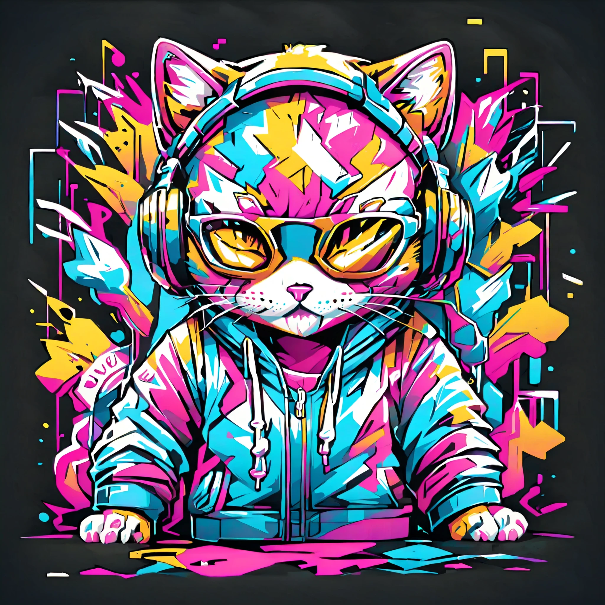 Cool vector art style cat wearing overhead headphones, hoodie, and sunglasses, full body, modern streetwear look, colorful fur, clean sharp lines, flat shading, soft gradients, vibrant colors, high detail, symmetrical composition, white outline, isolated on plain background, professional digital illustration, 4K high resolution