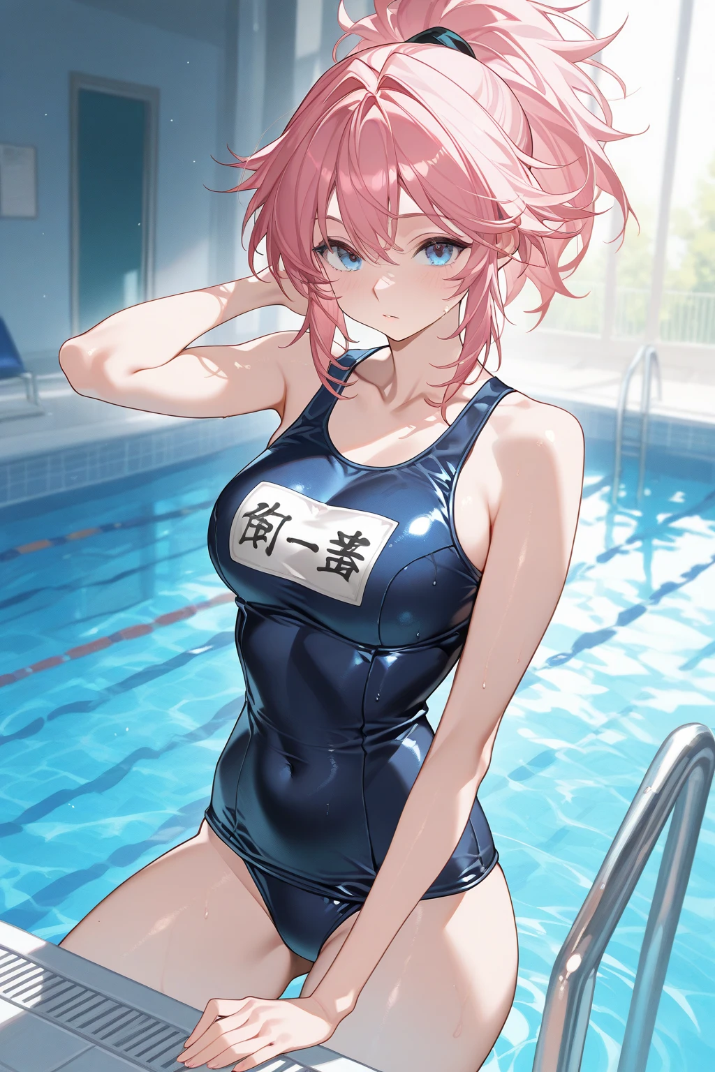 ((Masterpiece)),((high resolution)),((Best Quality)),Anime illustration,(((1girl))),,(wavy hair),(short hair),(pale pink hair color),small ponytail,Red eyes,(Big round eyes),((tareme)),15 years old,((loli face)),((very big breasts)),Short stature,,one-piece swimsuit,smile,Ladylike,Pool,