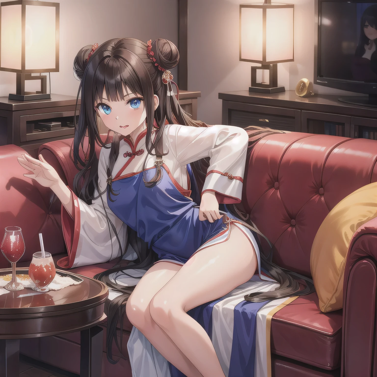 A cute girl, hair styled in two side buns, wearing a vivid red traditional Chinese dress with modest design details. She is sitting in a Japanese karaoke box, surrounded by a typical sofa, table, drink cup, and a moist hand towel. The background shows cozy lighting and interior decor common to karaoke rooms. She leans slightly forward, holding both hands near her mouth in a daydreamy, playful gesture, as if imagining holding something big and delightful. Her lips are softly parted, and she has a mischievous, cheeky expression. No food is visible. The overall mood is fun, slightly teasing, but tasteful and light-hearted. dark hair, long hair, blue eyes.