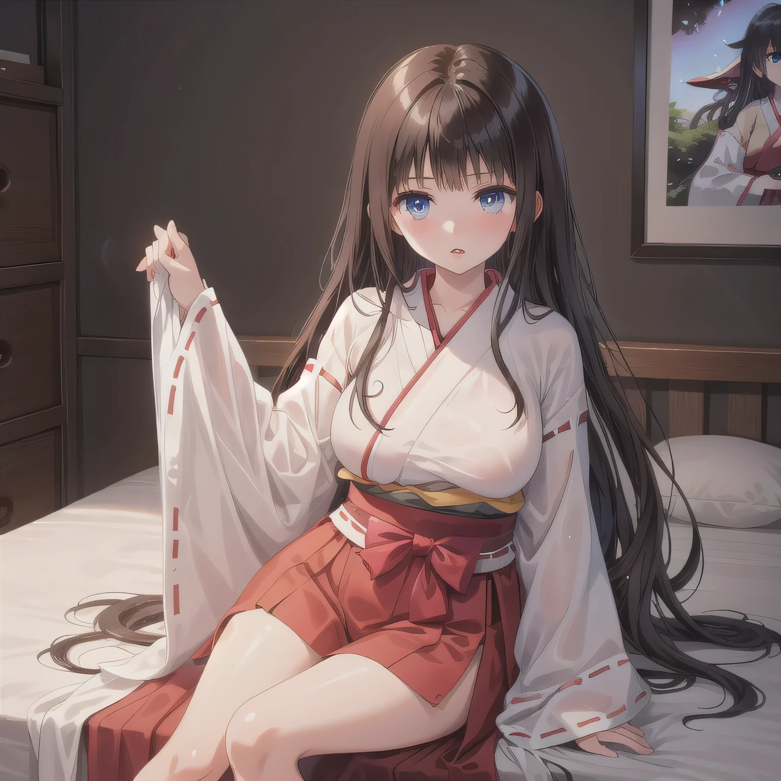 portrait of a beautiful girl with translucent skin and softly expressive eyes, gentle blush, subtly glowing gradient hair, delicate emotional line art with soft shadows, evoking a melancholic and enchanting mood. She is wearing a traditional red and white Japanese shrine maiden outfit (miko attire), sitting on the edge of a simple bed in a modest Japanese business hotel room. On the table nearby is a moist hand towel. She leans slightly forward, holding both hands playfully in front of her mouth, as if imagining holding something big and delightful. Her lips are softly parted, and she has a cheeky and flirtatious expression. No food or objects are being held. dark hair, long hair, blue eyes.