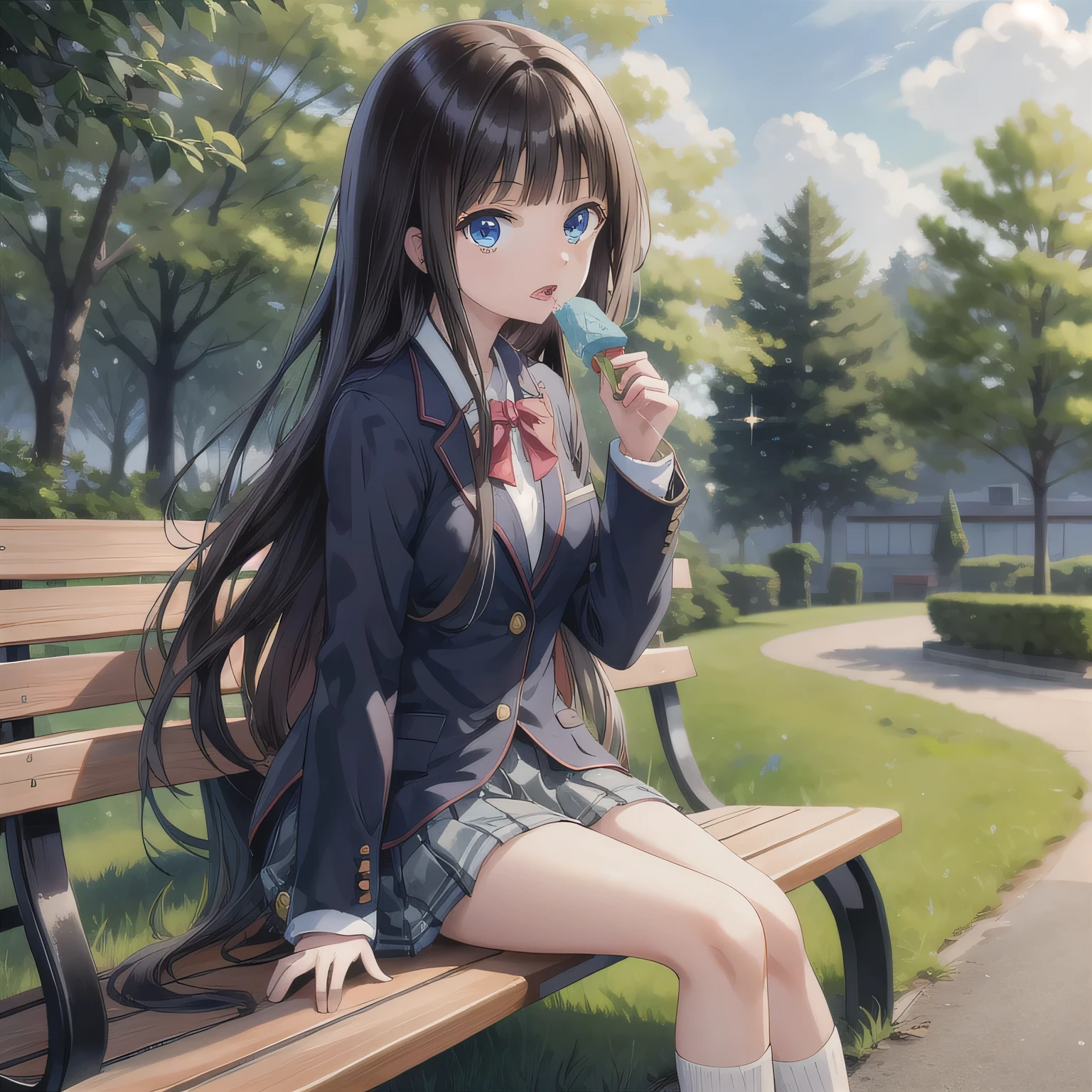 A cute anime-style high school girl wearing a neat Japanese blazer school uniform. She is sitting on a wooden park bench under the clear daytime sky. The girl is holding a rectangular ice cream bar with both hands, firmly yet delicately, and biting it gently with her lips. Her pose shows her leaning forward slightly. The ice cream bar is horizontal and held close to her mouth with both hands, clearly visible. Her eyes sparkle with joy, and her soft smile shows her delight. Green trees and soft shadows add to the peaceful, summery atmosphere. dark hair, long hair, blue eyes.