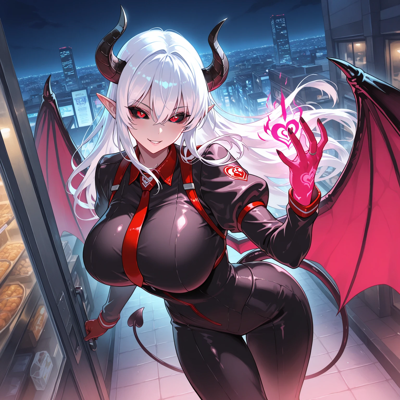 1 girl, white hair, two horns on the head, black bodysuit, red eyes, blurry, (blurred background: 1.16), chest, earrings, side, jewelry, short hair, looking at the viewer, open clothes, cloak with fur, ( fur), glowing red eyes, solo, upper body, bayi, [[realistic]],(glossy skin), very detailed background, (masterpiece:1.4),(best quality:1.4), red lips, parted lips, night , cityscape, neon lights, cyberpunk, (HDR: 1.3)