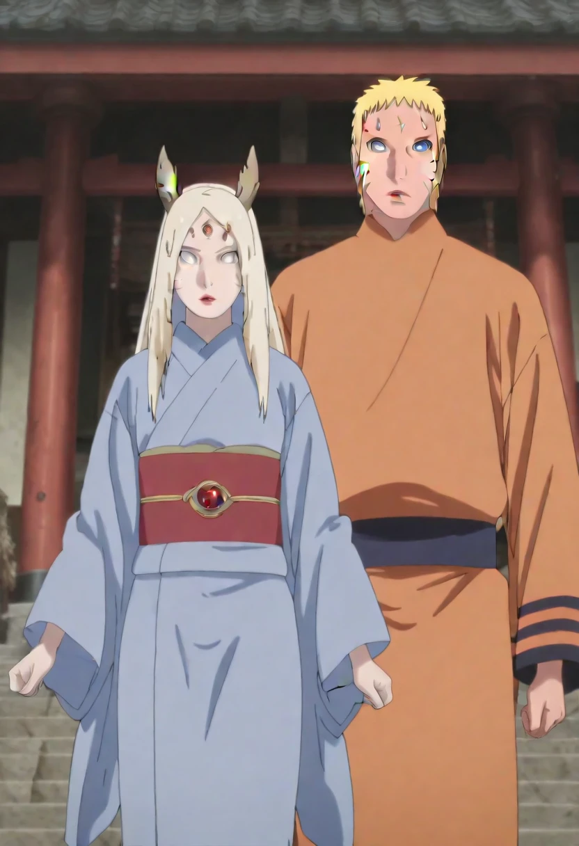 Confessions of little fox,1girl,1boy,male fox,human girl,occidental architecture,hyperdetailed,HD,HQ,highres,absurdres,12k,detailed,ootsutsuki kaguya, pale skin, third eye, sharingan, sharingan on forehead, hikimayu, long hair, white hair, horns, colored skin, lipstick, white eyes, no pupils,kimono,naruto uzumaki, whisker markings, blonde hair, blue eyes,