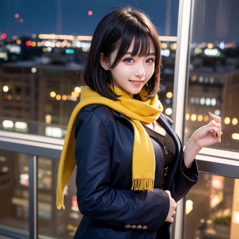 Night view of industrial area,Factory Plant,Natural perspective,Generate an image of the nighttime cityscape spread out below, as seen from the top floor of a high-rise condominium in the metropolis,wide lense, ocean view,1girl,japanese cute girl,black eyes,cute,medium bob hair,bangs, slim, neat_and_clean beautiful cute friendly face, 26yo, perfect body shape,