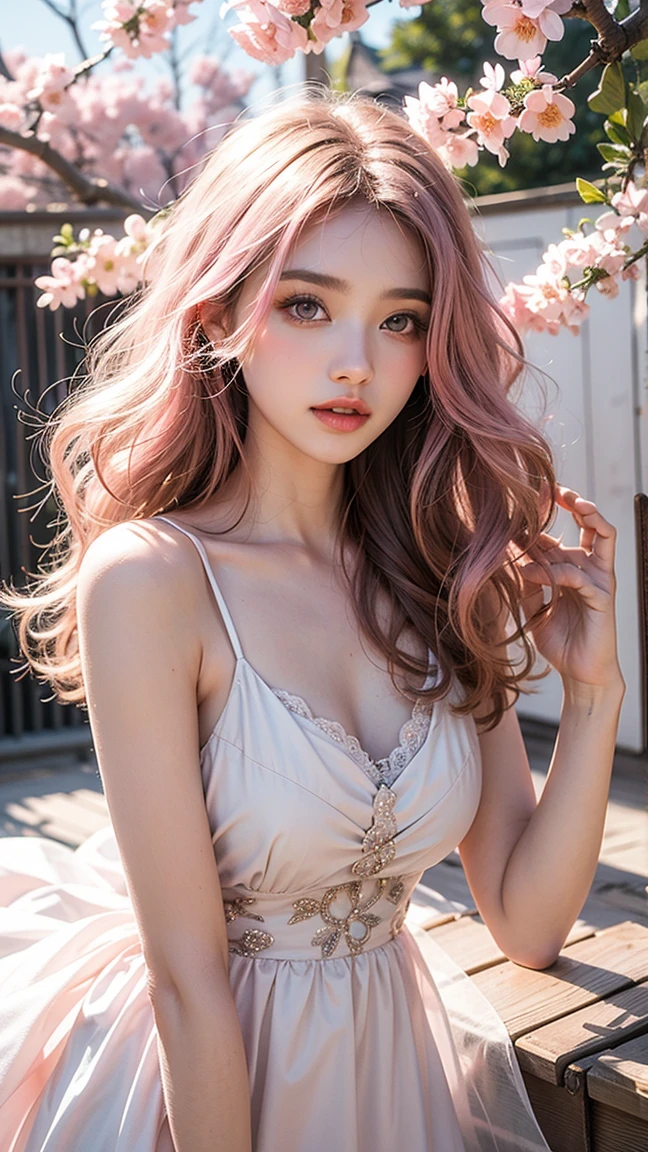 Light pink hair, pink eyes, pink and white, vivid colors, white dress, ultra realistic, background must be in a bed, ray tracing, wavy hair. RULE: Use a different background every picture, the background has to be outside. And the poses have to be sexy and as naughty as possible
