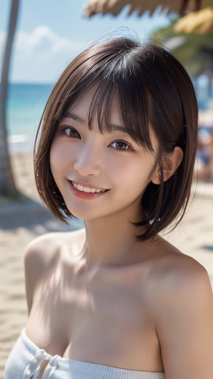 (Highest quality、masterpiece、8K、Best image quality、Hyperrealism、Award-winning works)、1 Girl、Soft indirect lighting、Soft and delicate light、Romantic lighting、Spectacular Cinema Lighting、(The most beautiful smile looks at me:1.1、Accurate anatomy、(Face close-up:1.3)、Beautiful Glossy Lipstick, Natural Color、Natural Makeup、Glossy Lips、Ultra HD glossy skin、ultra-high definition radiation, Beautiful Skin、潤いのあるBeautiful Skin、Beautiful, glowing skin、超高精細のGlossy Lips、Ultra-high definition sparkling eyes、(Beautiful perfect teeth in super high resolution:1.1)、(Please smile widely and show your beautiful teeth.:1.1)、(perfect beautiful teeth:1.1)、Swimwear、short hair、beach、The whole body is visible、A detailed proposal