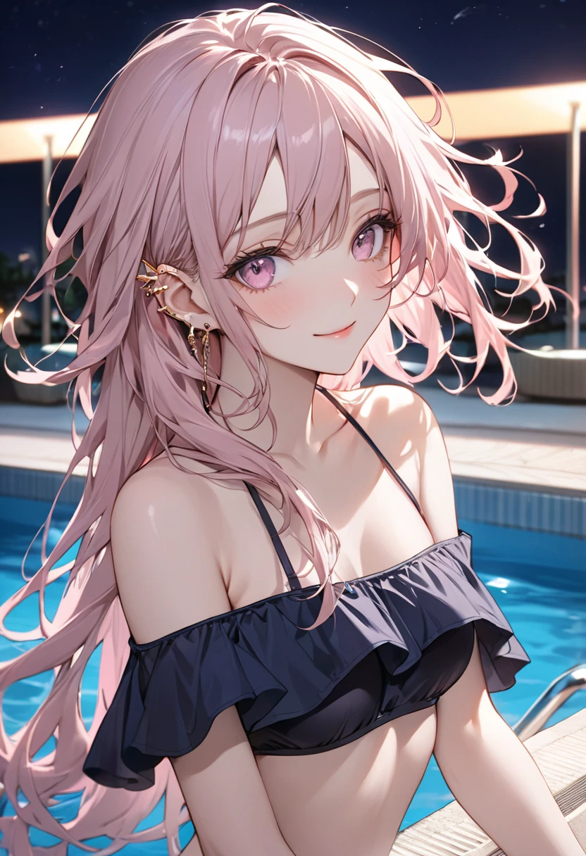 (pov Swimwear style) (beautiful body), (dark brown skin, solo:2, 1000 yo, Braid pink hair long hair cool elf woman, cool gray eyes, ecstasy smile, love mode, small tits), (in a sexy:1.5 detailed bandeau swimsuit, Ruby double exposure:1.1), break, in the Swimsuit contest venue, background detailed beautiful Coast, BREAK, perfect anatomy, masterpiece, best quality, 16k, beautiful detailed love, sexy, daydreaming expression.
