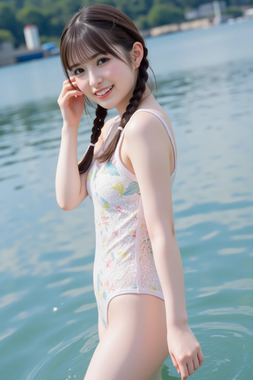 Very cute face、14 years old、Girl、Fluffy long hair、Beautiful legs、Beautiful body、Thin legs、Summer outfit、high resolution、8K、(Happy smile)、sea