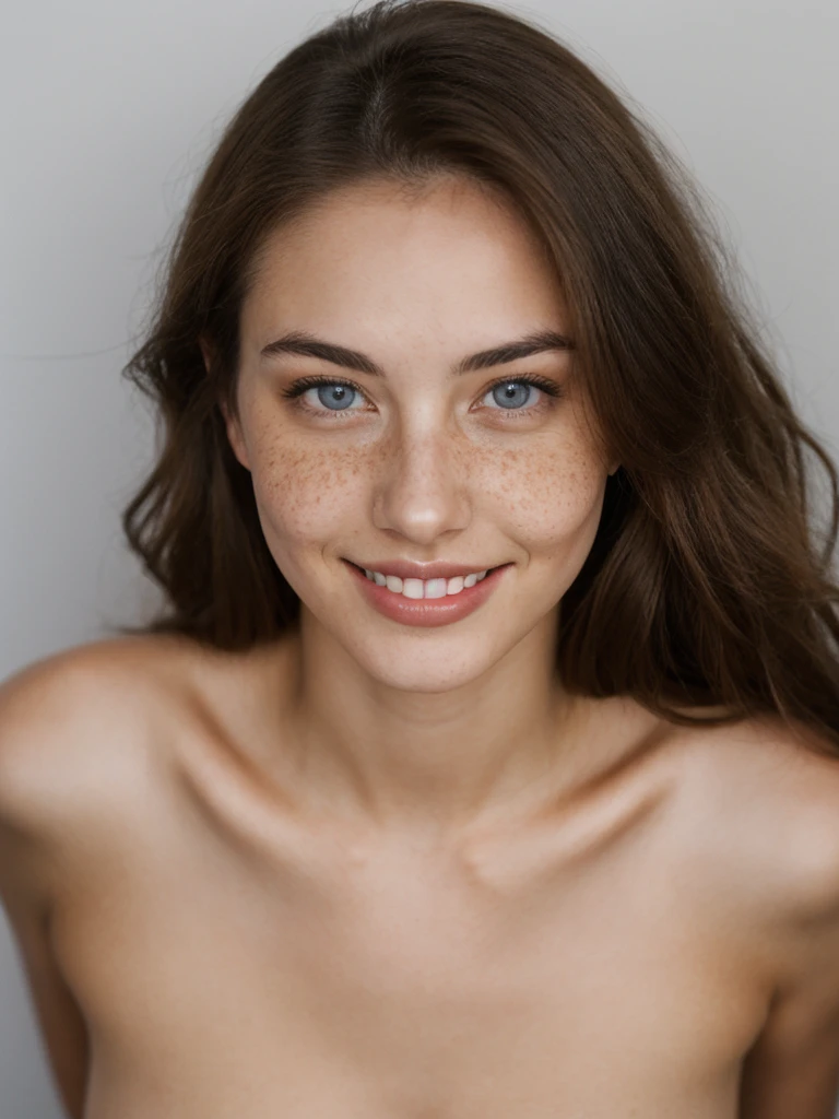 beautiful lady, freckles, big smile, dark makeup, hyperdetailed photography, soft light, head and shoulders portrait, cover