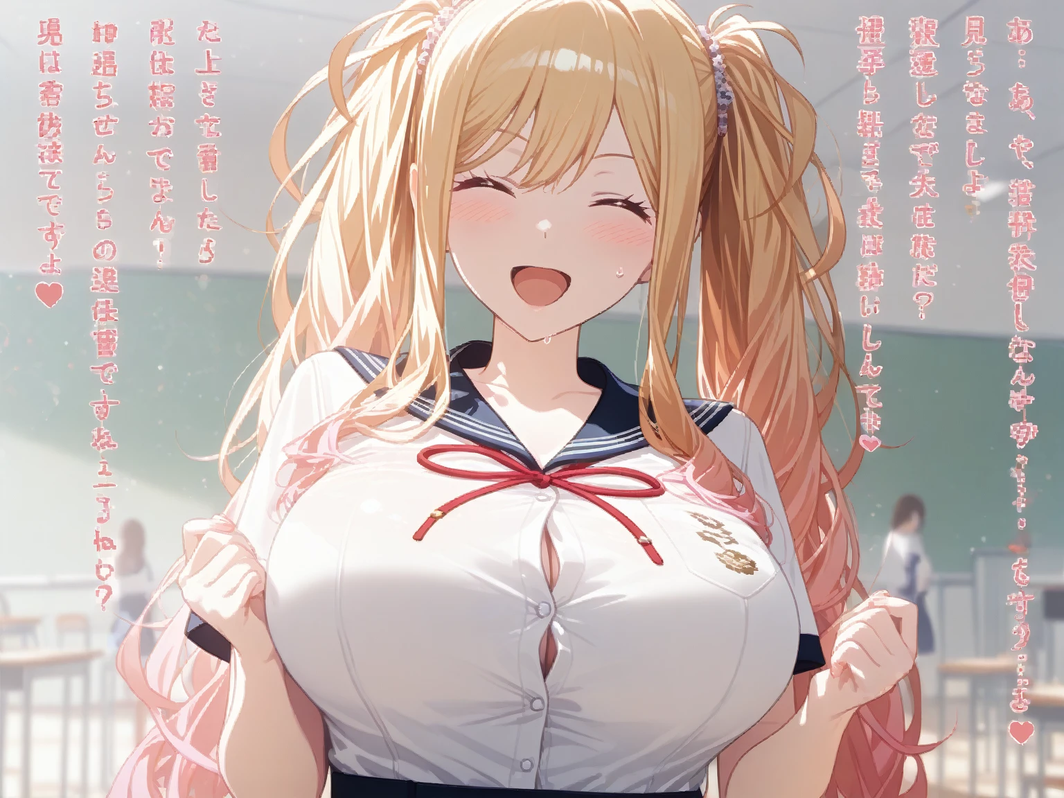 (( close、16K、Highest quality、Attention to detail、Rich skin detail, Browsing Caution、Chubby))、 (Beautiful Eyes), ((Huge breasts、Armpits、Hands behind head、Spreading her legs、Sitting、Sweat、vapor))、 ((Blonde、white high leg panties、Red ribbon))、(Cheerleader、Red short dress、Red mini skirt)、(blue eyes、Three white eyes)、((Twin tails、Long Hair、Straight hair)),  ((blush))、(Wide Hips、Thick thighs)、((((surprised、Embarrassing))))、((On stage))