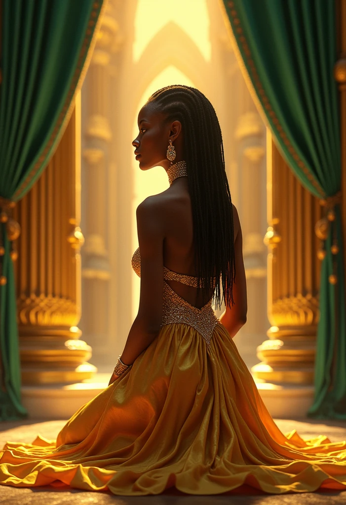 8 Black women in a golden and black hall. Upper Body encrusted in gold. Golden eyes. Sultry look. Long black hair that reaches her feet. Golden beads on head that reaches her forehead. Long golden earrings. Full Finger Chinese style gold rings. Filled with golden lightening. Ultra high quality.