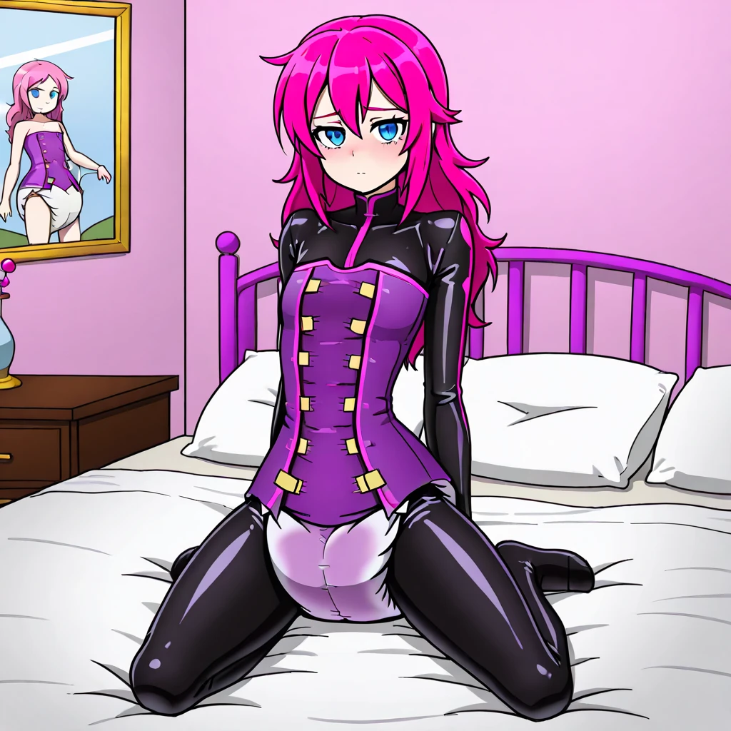 best quality, ultra-detailed masterpiece, nino nakano, one-piece swimsuit, breasts, pantyhose, blush, smile, pussy, cushion, bed room, nsfw