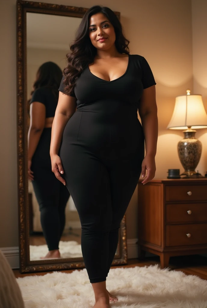 Black girl , wavy hair , big eyes , brown eyes , thick body, sexy curvy model body ,real human , real girl wearing blue long underwear up to the crotch and a crop to showing her back and looking sexy with a smile in the face