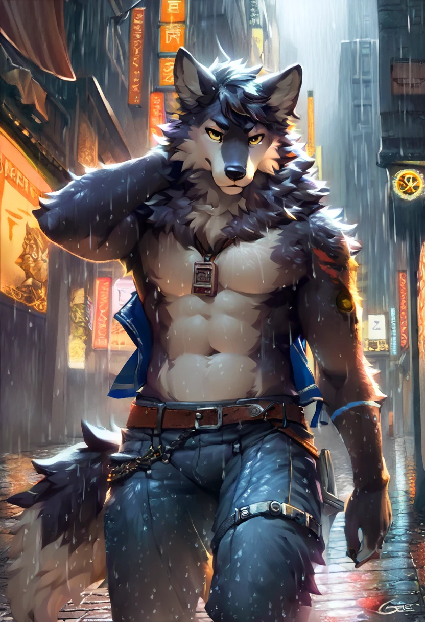 solo, anthro, furry, furry male, maned wolf,((short fur,furry, smooth fur, opaque fur)), (maned wolf black print, black forelegs and forearms), black pupils, white sclera, ginger body, black fur, purple eye, tail, detailed  fur, detailed face, detailed eyes, bare chest, (raggedy jeans vest, black neck bandana), balcony, (by null-ghost,by raccoon21, masterpiece, high quality, hi-res, 8k, hd, half-light), standing,close-view portrait, looking at viewer, night, sassy expression, seductive, flexing, hands behind head, swimmer build maned wolf man, long and thin arms and legs, black nipples, pierced nipples, mid 20s, arrogant, grinning, sharp teeth