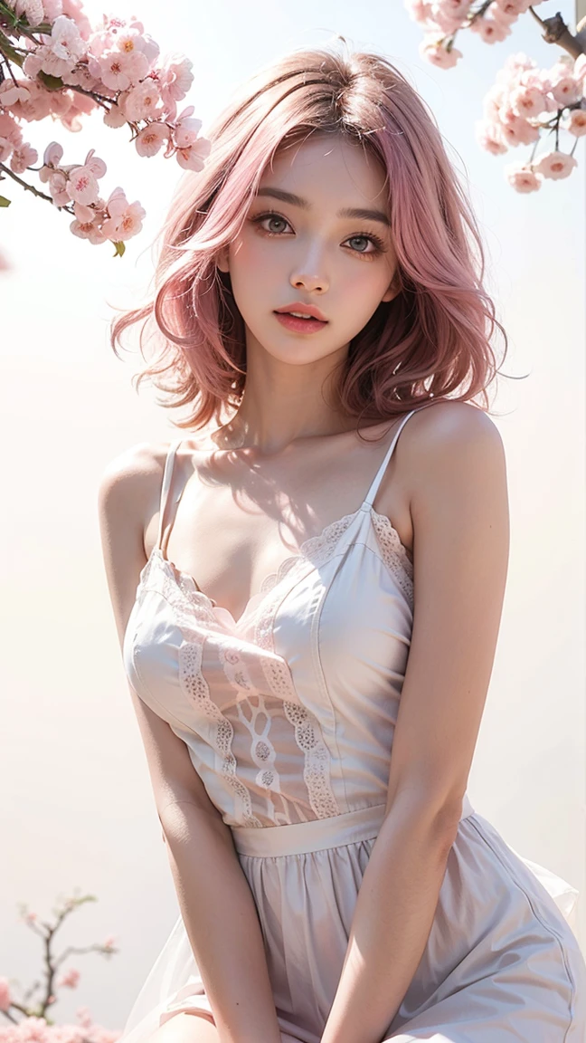 high quality,masterpiece,extremely detailed,high res,4k,ultra high res,detailed shadow,ultra realistic,realistic,dramatic lighting,1girl,solo,detailed face,realistic eyes,realistic skin,pink hair,dynamic pose, dynamic angle, white flowery dress, short hair cut,white background