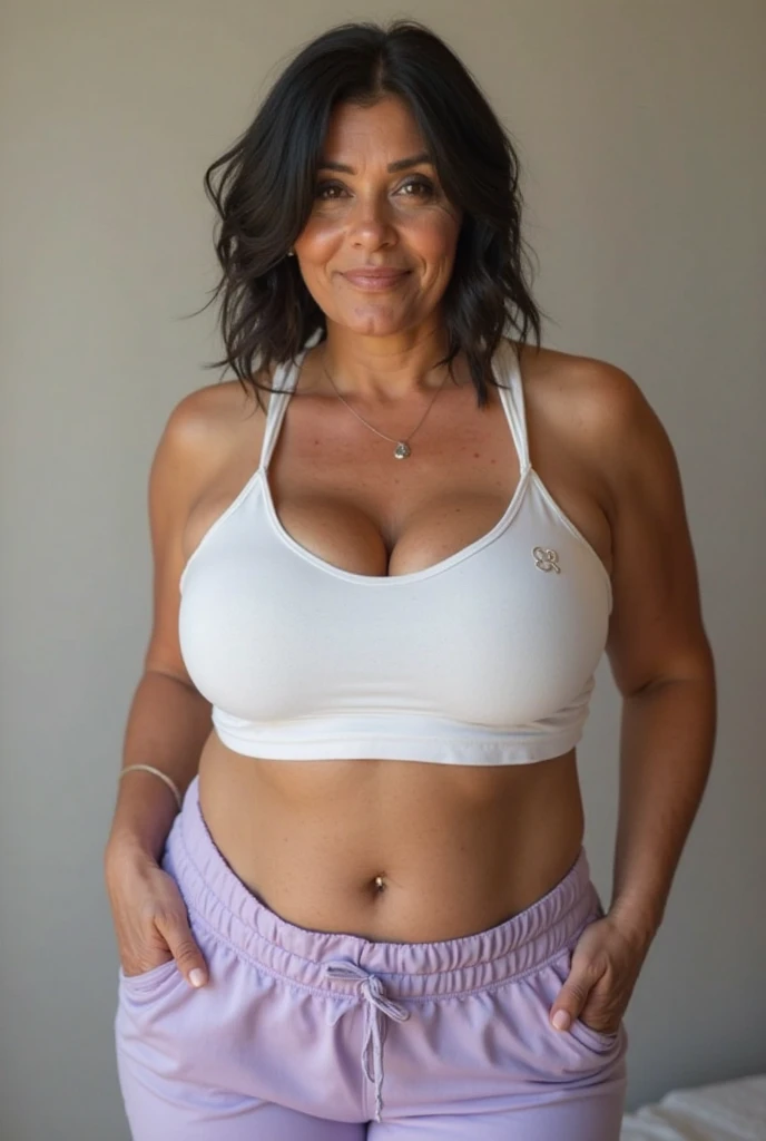 there is a woman in a purple top posing for a picture, photo from the back, view from the back, photo taken from behind, photographed from the back, smooth fuschia skin, view from back, looking from side, seen from the back, photo from behind, close up half body shot, half body shot, wearing purple undershirt, seen from the side