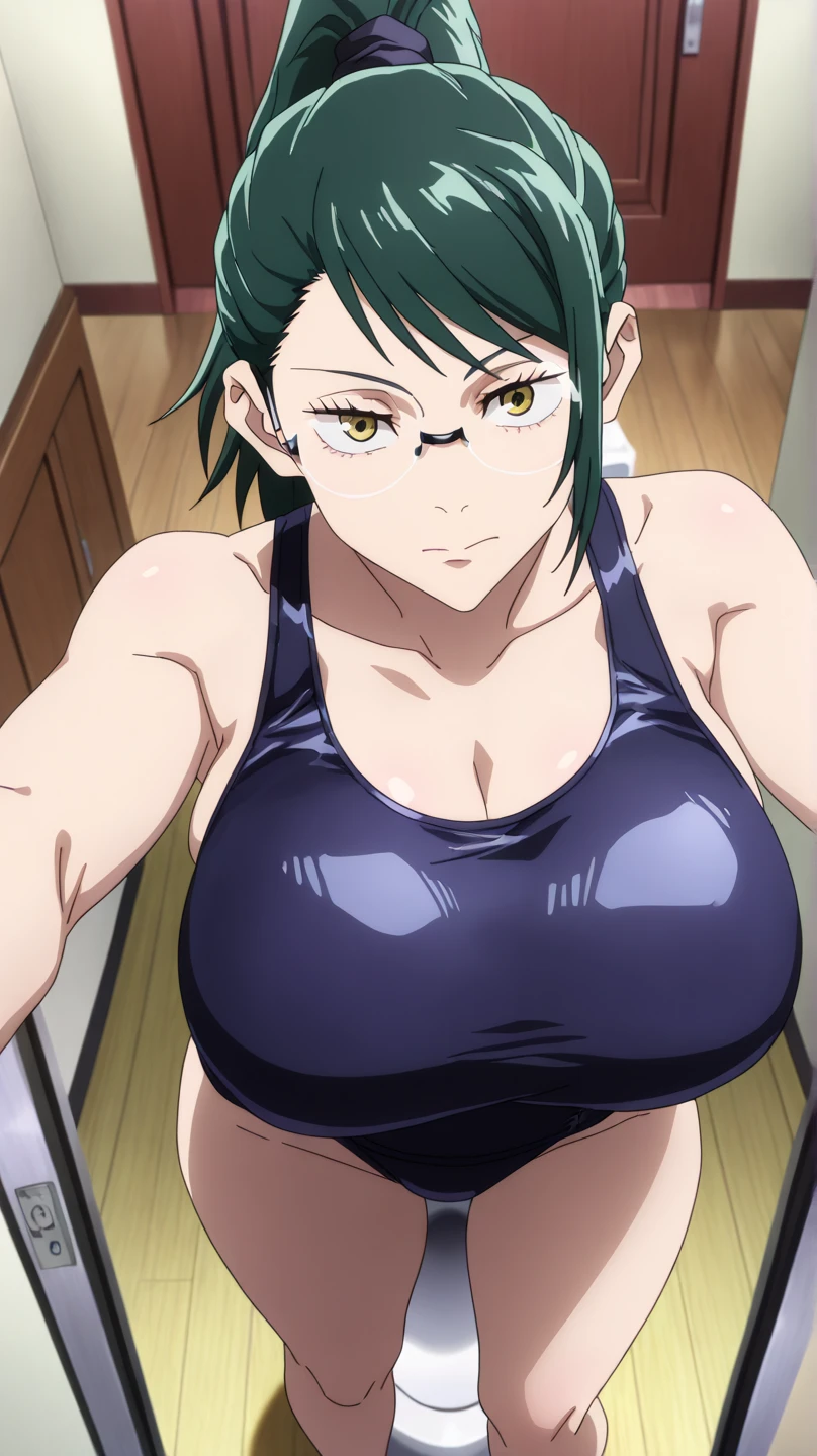spread legs,underboob,sp,(((sitting in a chair)))),looking ahead,paw pose,large breasts, (micro bikini:1.5),1girl, cowboy shot, beautiful zenin_maki,ponytail,glasses,bangs,green hair,brown eyes, medium-breasted, Cowboy Shots, Indoors, Stereoscopic Lighting, Top Quality, Masterpiece, Intricate Detail, Tone Mapping, Sharp Focus, Hyper Detail, Trending in Artstation,bikini,embarrassed,blush,from below