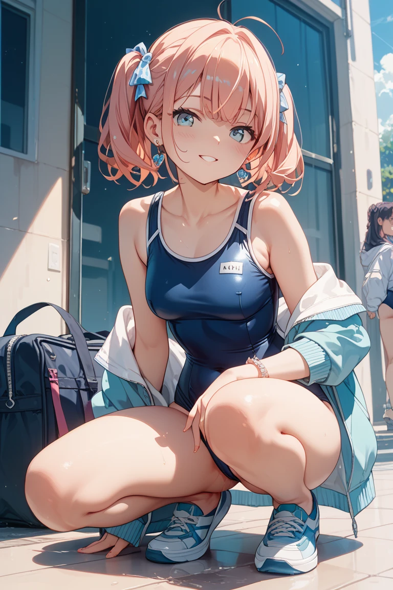 masterpiece, Highest quality, Ultra-high resolution, Highest Resolution, Very detailed, アニメ, whole body, thin, very cute,、Complete limbs、Shining Eyes、Full Finger、Slender beauty、Bun Hair、Embarrassed look、Writhing expression、Pink、Wear a school swimsuit、Glowing Skin、Knee-length、Sports Warehouse