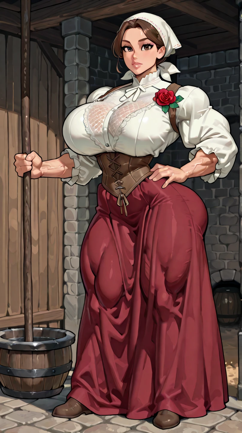 Serbian woman, mother, gigantic breasts, mature woman, (highly detailed), solo woman, detailed face, full body, ((masterpiece)), older woman, scantily clad, curvy, sagging breasts, collar, slave, doing chores