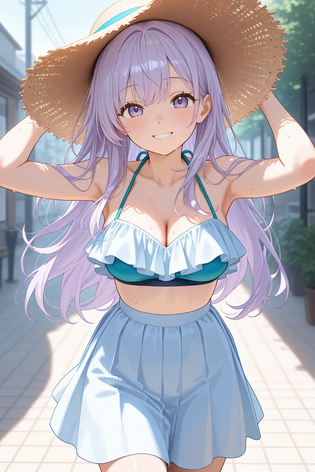 最high quality, high quality, 16K, Ultra-detailed details, pretty girl, alone, beautiful purple hair, Beautiful purple eyes, Big Breasts, A light smile, Summer clothes, Summer Maid clothes, I'm lifting my skirt, Blue and white color striped underwear(Bikini Swimwear), My crotch is wet with love juice, {{A succubus strips off the maid&#39;s face and clothes and takes her place}}, Full body image, NSFW
