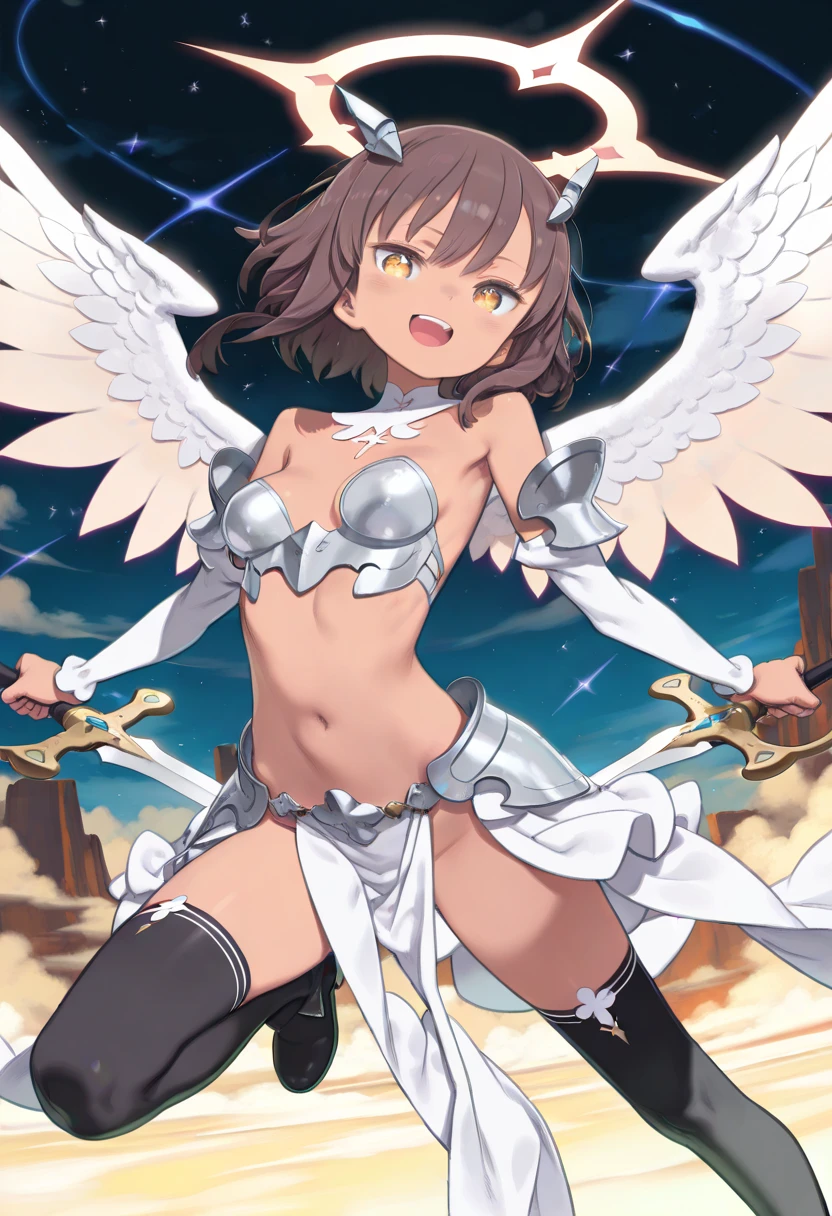 fantasy, 1angel_girl,young_teen, ,brown_hair, medium_bob_hair, long_bangs, halo,bare_shoulder,thighhighs,silver_armor, waist_armor, large_breasts,angry,grinning,open_mouth_teeth, 1pair_wings, dynamic_pose_fighting,floating, bare_crotch, headgear,gauntlet, greaves,city_background,slightly_spread_legs, solo, groin_naked,